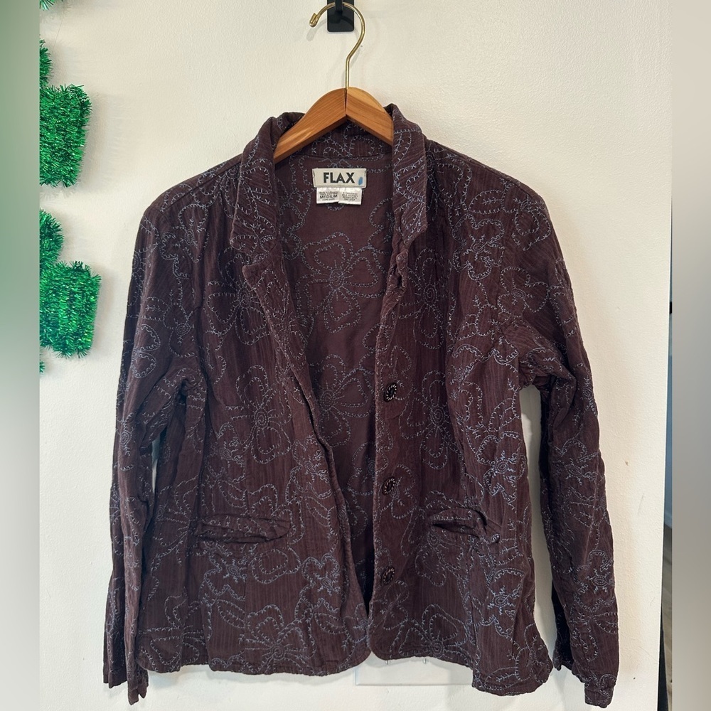 FLAX Light Weight Corduroy Embroidered Flower Blazer Jacket Womens Size Med Boho